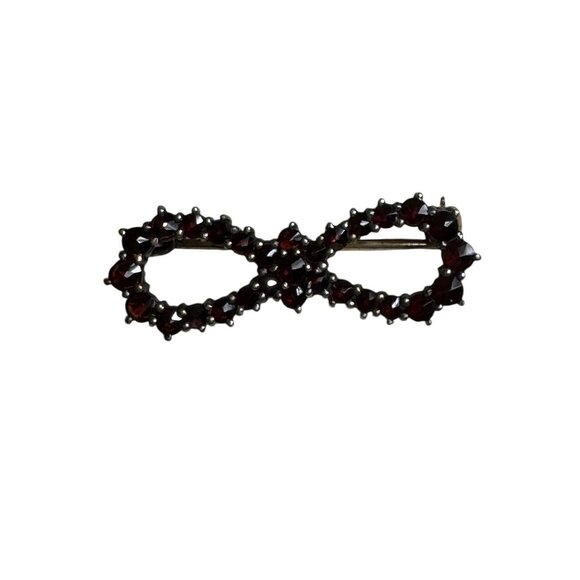 Antique Victorian Bohemian Garnet Rose Cut Garnets Bow Brooch Pin Gold Gilt - Picture 14 of 15